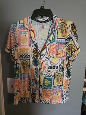 Tropical Fruit-Print Short Sleeve Shirt And Shorts- Yellow Multi